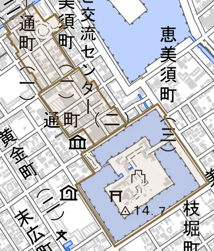 通町とその周辺の地図。町の範囲を重ねている