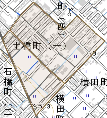 土橋町とその周辺の地図。町の範囲を重ねている
