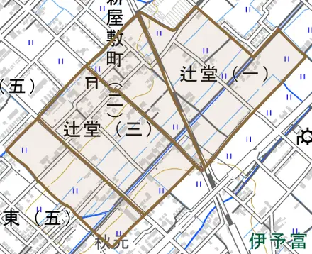 辻堂とその周辺の地図。町の範囲を重ねている