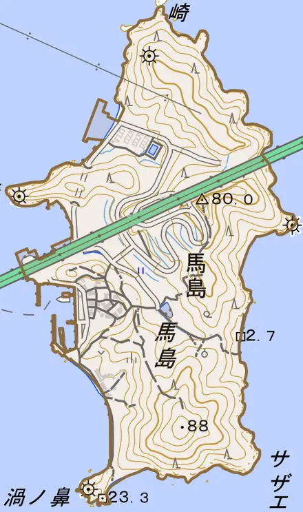 馬島とその周辺の地図。町の範囲を重ねている