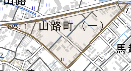 山路町とその周辺の地図。町の範囲を重ねている