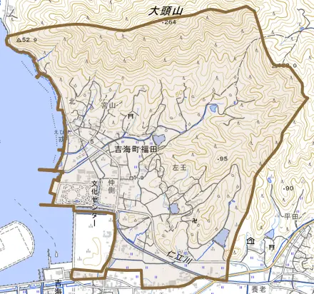 吉海町福田とその周辺の地図。町の範囲を重ねている