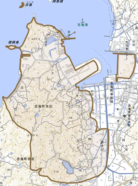 吉海町本庄とその周辺の地図。町の範囲を重ねている