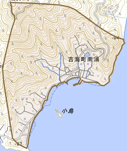 吉海町南浦とその周辺の地図。町の範囲を重ねている