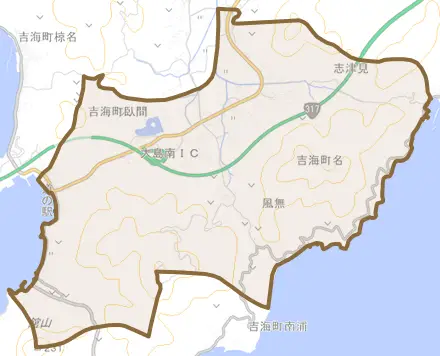吉海町名とその周辺の地図。町の範囲を重ねている