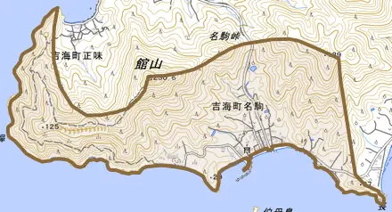 吉海町名駒とその周辺の地図。町の範囲を重ねている