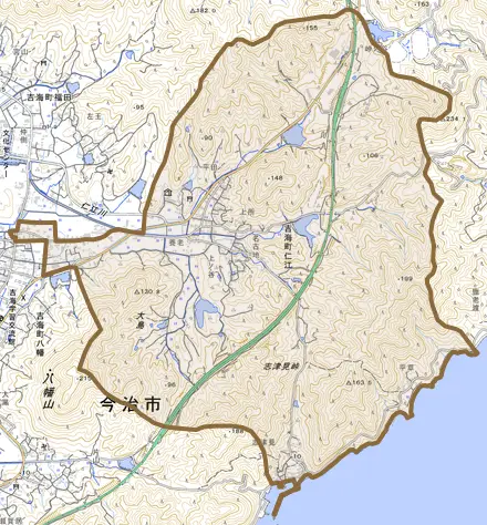 吉海町仁江とその周辺の地図。町の範囲を重ねている