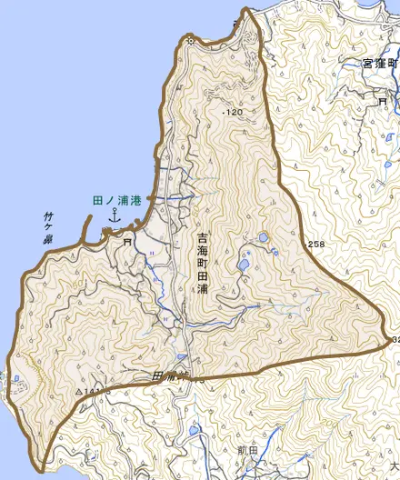 吉海町田浦とその周辺の地図。町の範囲を重ねている