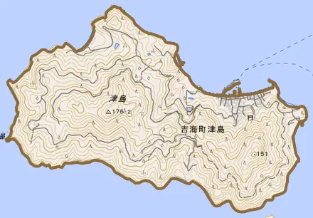 吉海町津島とその周辺の地図。町の範囲を重ねている