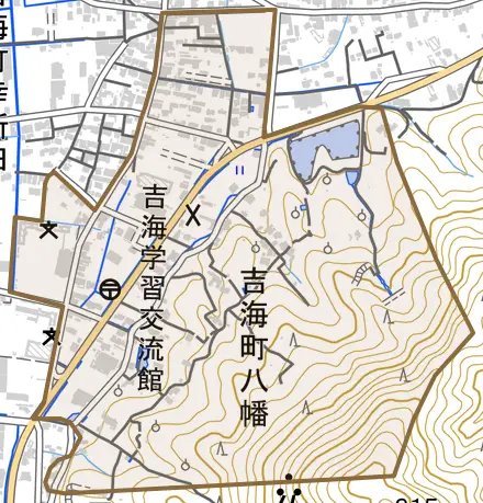吉海町八幡とその周辺の地図。町の範囲を重ねている