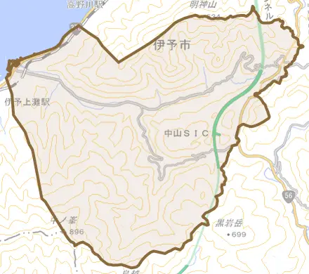 双海町上灘とその周辺の地図。町の範囲を重ねている