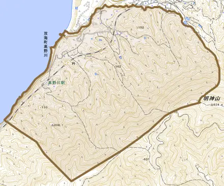 双海町高野川とその周辺の地図。町の範囲を重ねている