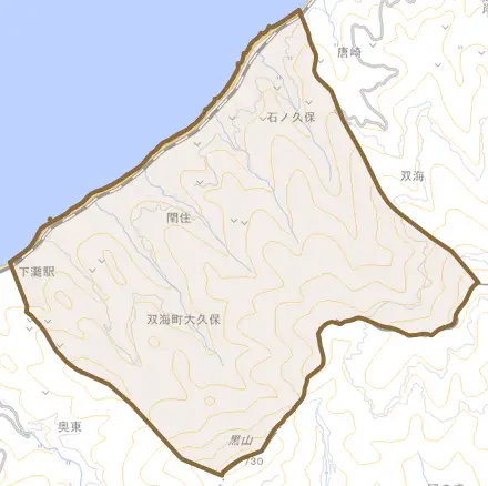 双海町大久保とその周辺の地図。町の範囲を重ねている