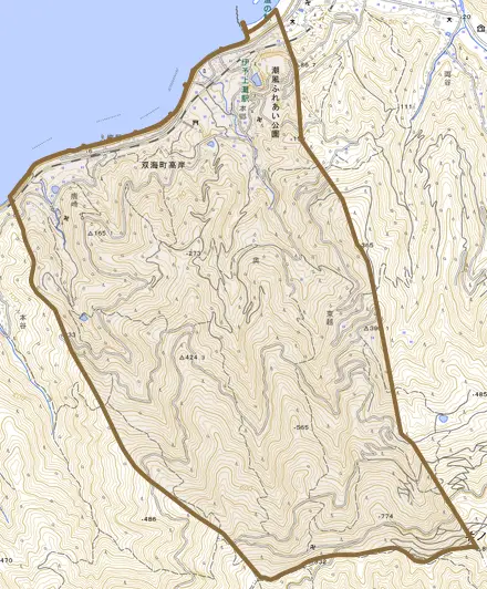 双海町高岸とその周辺の地図。町の範囲を重ねている
