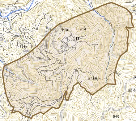 平岡とその周辺の地図。町の範囲を重ねている