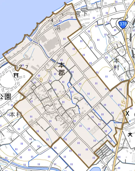 本郡とその周辺の地図。町の範囲を重ねている