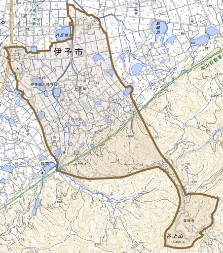 上吾川とその周辺の地図。町の範囲を重ねている