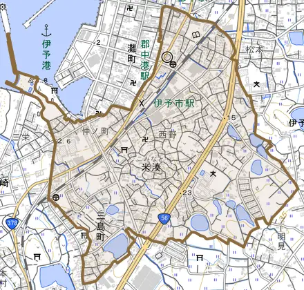 米湊とその周辺の地図。町の範囲を重ねている