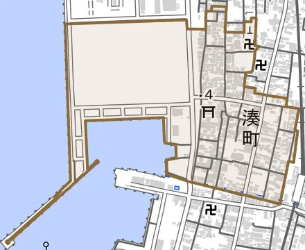 湊町とその周辺の地図。町の範囲を重ねている