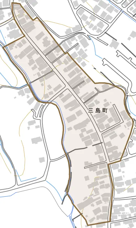 三島町とその周辺の地図。町の範囲を重ねている
