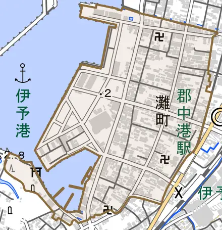 灘町とその周辺の地図。町の範囲を重ねている