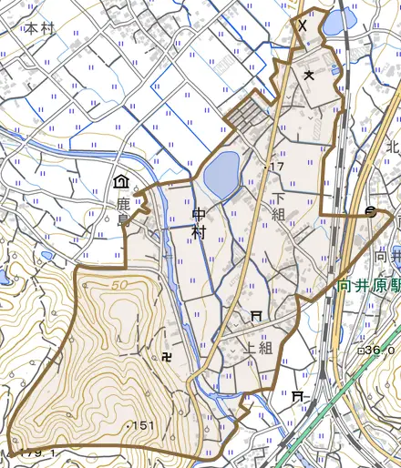 中村とその周辺の地図。町の範囲を重ねている