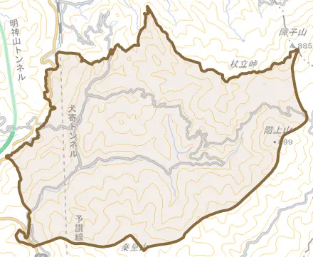 中山町佐礼谷とその周辺の地図。町の範囲を重ねている