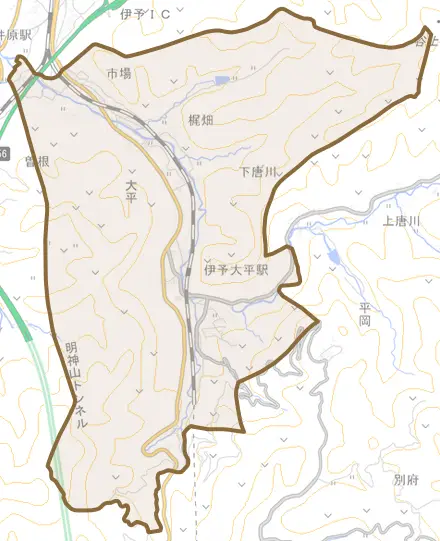 大平とその周辺の地図。町の範囲を重ねている