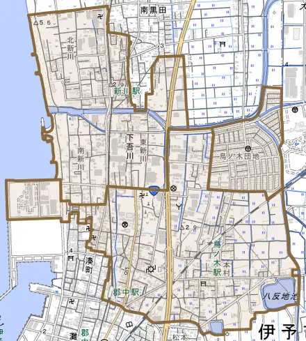 下吾川とその周辺の地図。町の範囲を重ねている