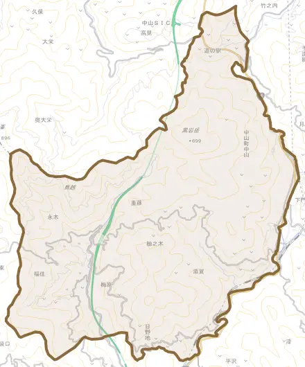 中山町中山とその周辺の地図。町の範囲を重ねている