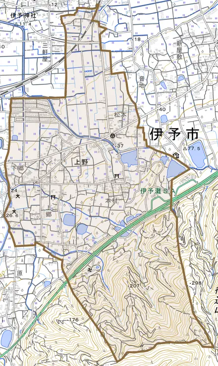 上野とその周辺の地図。町の範囲を重ねている