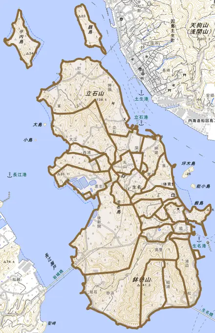 生名とその周辺の地図。町の範囲を重ねている