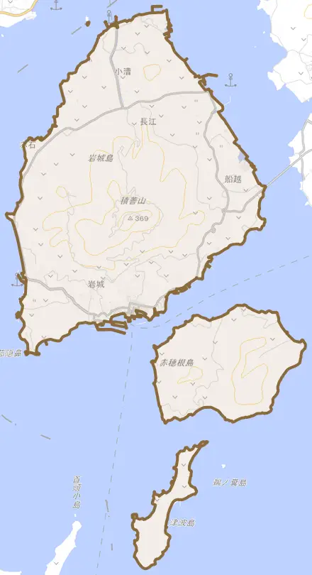 岩城とその周辺の地図。町の範囲を重ねている