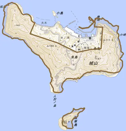 魚島とその周辺の地図。町の範囲を重ねている