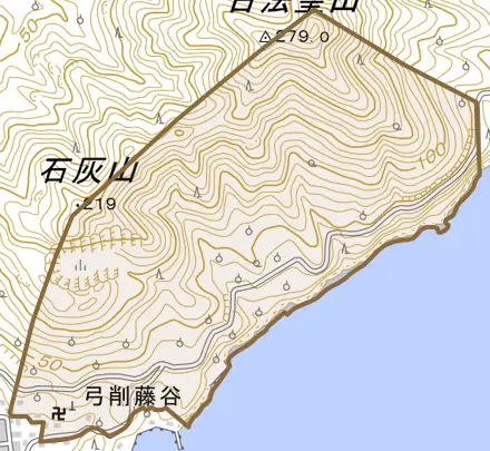 弓削藤谷とその周辺の地図。町の範囲を重ねている