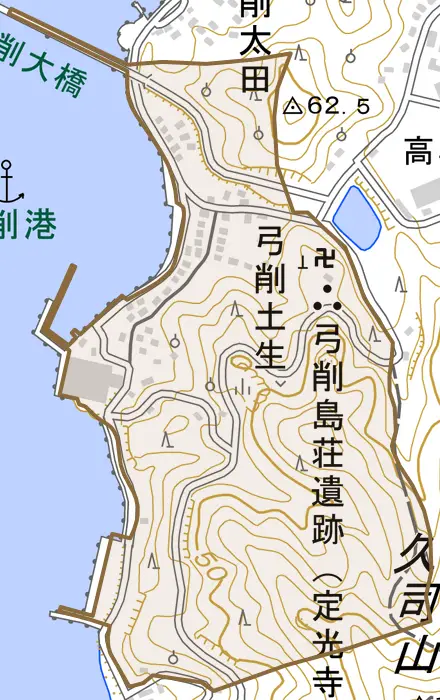 弓削土生とその周辺の地図。町の範囲を重ねている