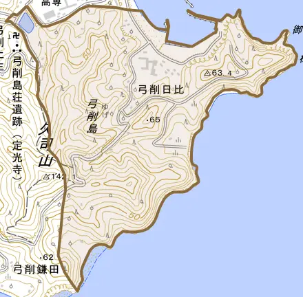 弓削日比とその周辺の地図。町の範囲を重ねている