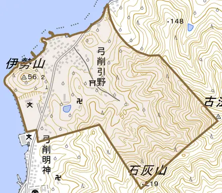 弓削引野とその周辺の地図。町の範囲を重ねている