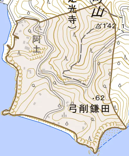 弓削鎌田とその周辺の地図。町の範囲を重ねている