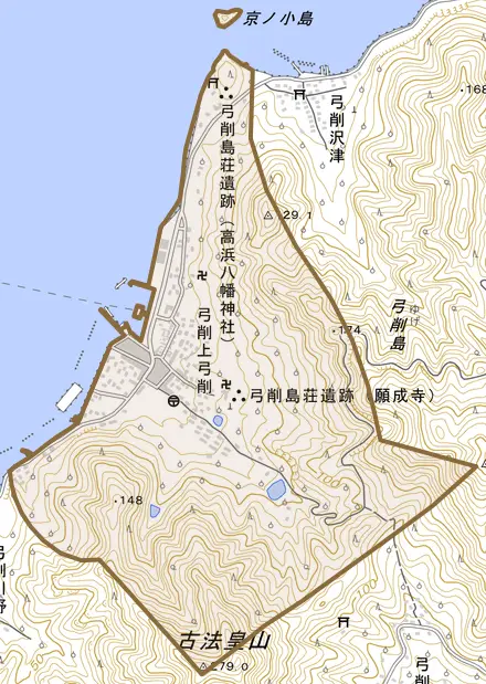 弓削上弓削とその周辺の地図。町の範囲を重ねている