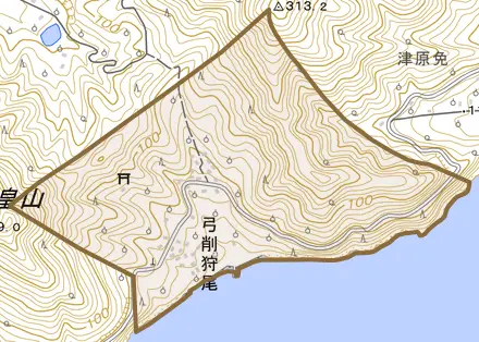 弓削狩尾とその周辺の地図。町の範囲を重ねている