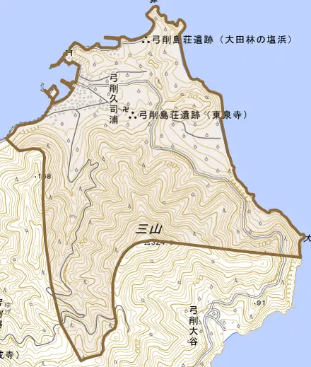 弓削久司浦とその周辺の地図。町の範囲を重ねている