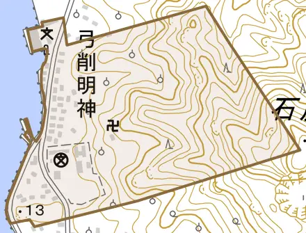 弓削明神とその周辺の地図。町の範囲を重ねている