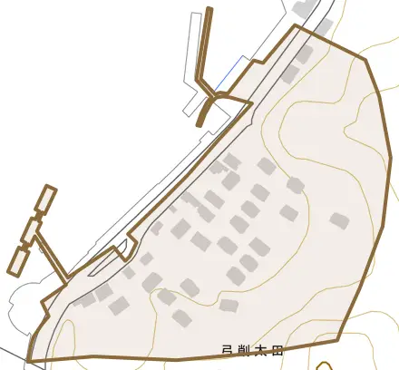 弓削太田とその周辺の地図。町の範囲を重ねている