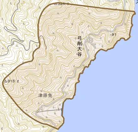 弓削大谷とその周辺の地図。町の範囲を重ねている