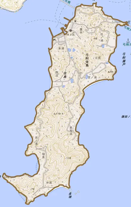 弓削佐島とその周辺の地図。町の範囲を重ねている