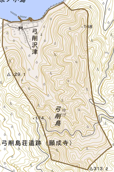 弓削沢津とその周辺の地図。町の範囲を重ねている