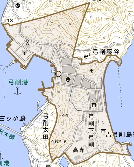 弓削下弓削とその周辺の地図。町の範囲を重ねている