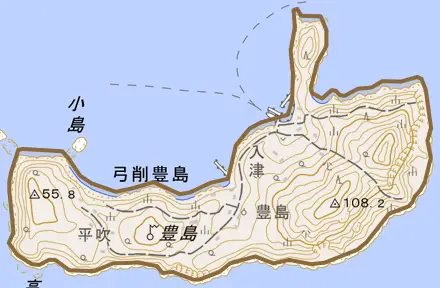 弓削豊島とその周辺の地図。町の範囲を重ねている