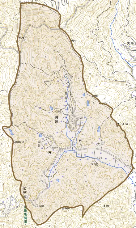 大字畔屋とその周辺の地図。町の範囲を重ねている